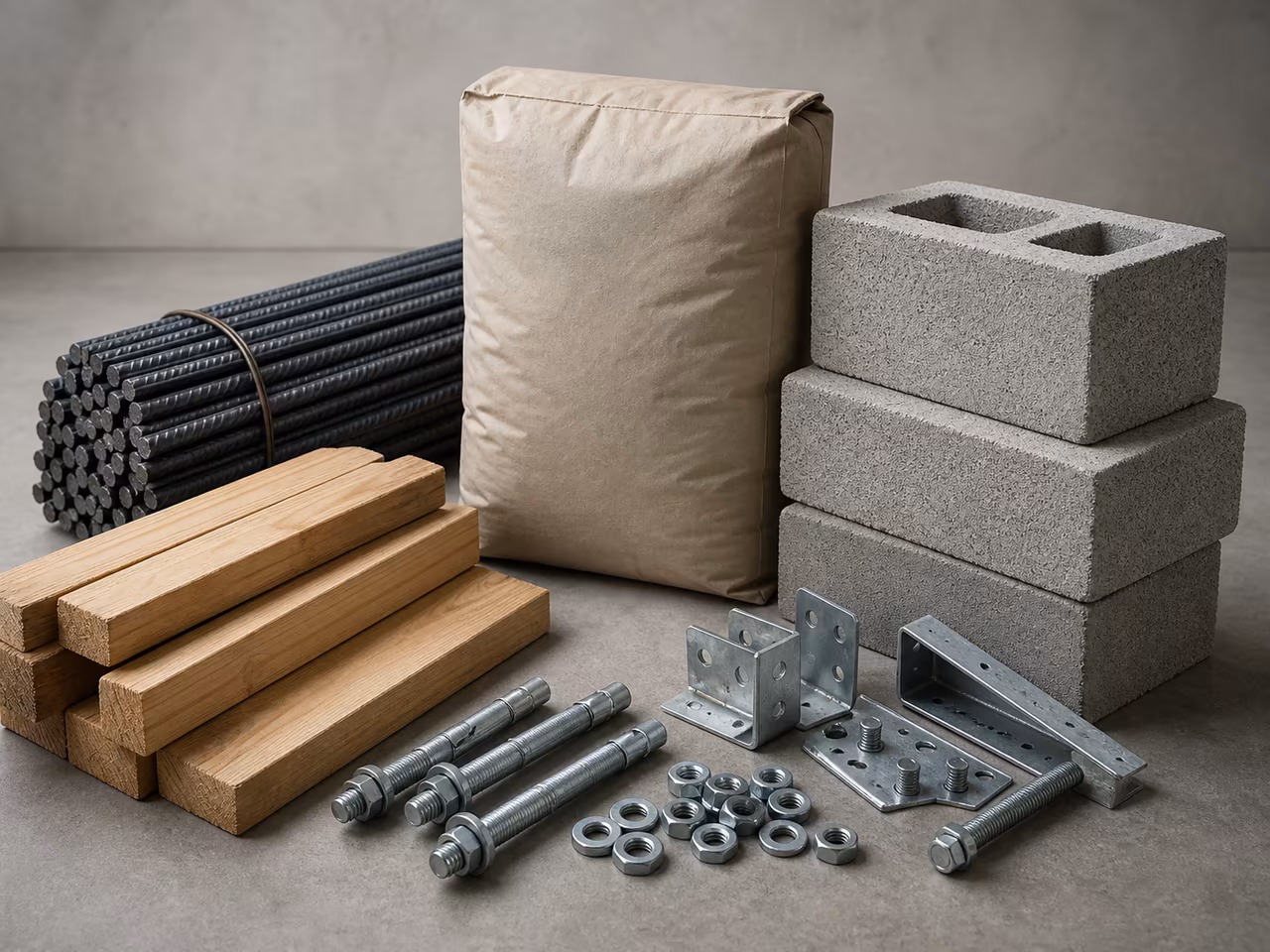 Rebar, concrete blocks, timber, anchors, and hardware representing construction material supply