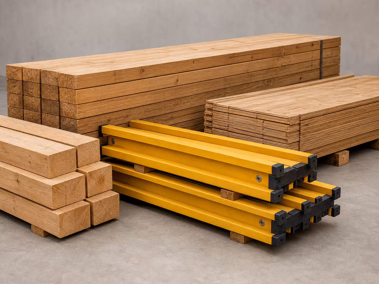Yellow H20 formwork beams with wooden and LVL planks