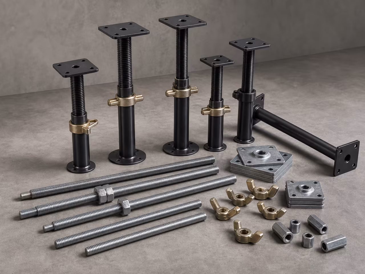 Prop jacks, threaded tie rods, wing nuts, and formwork plates