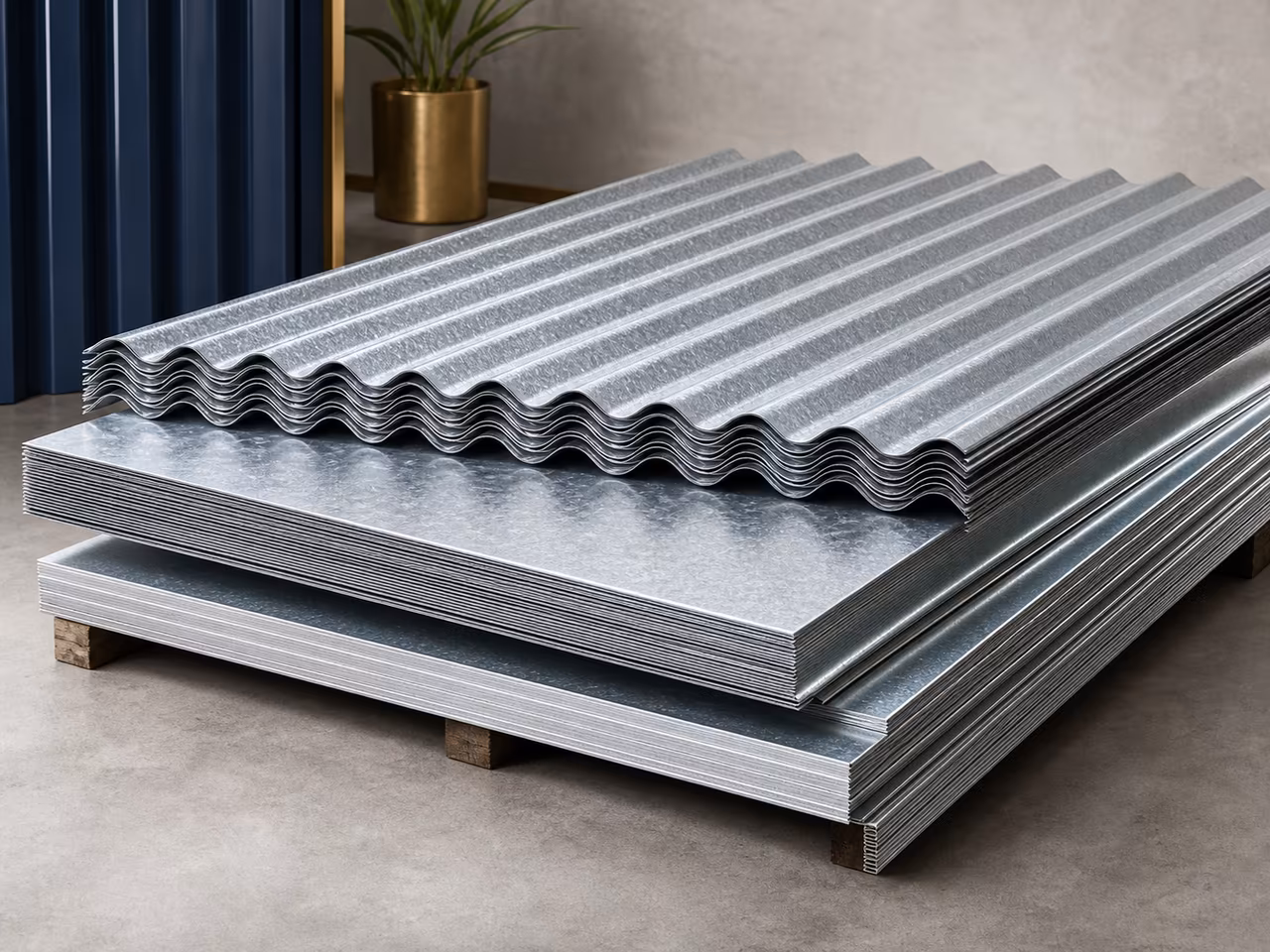 Stacks of zinc-coated flat and corrugated galvanized iron sheets