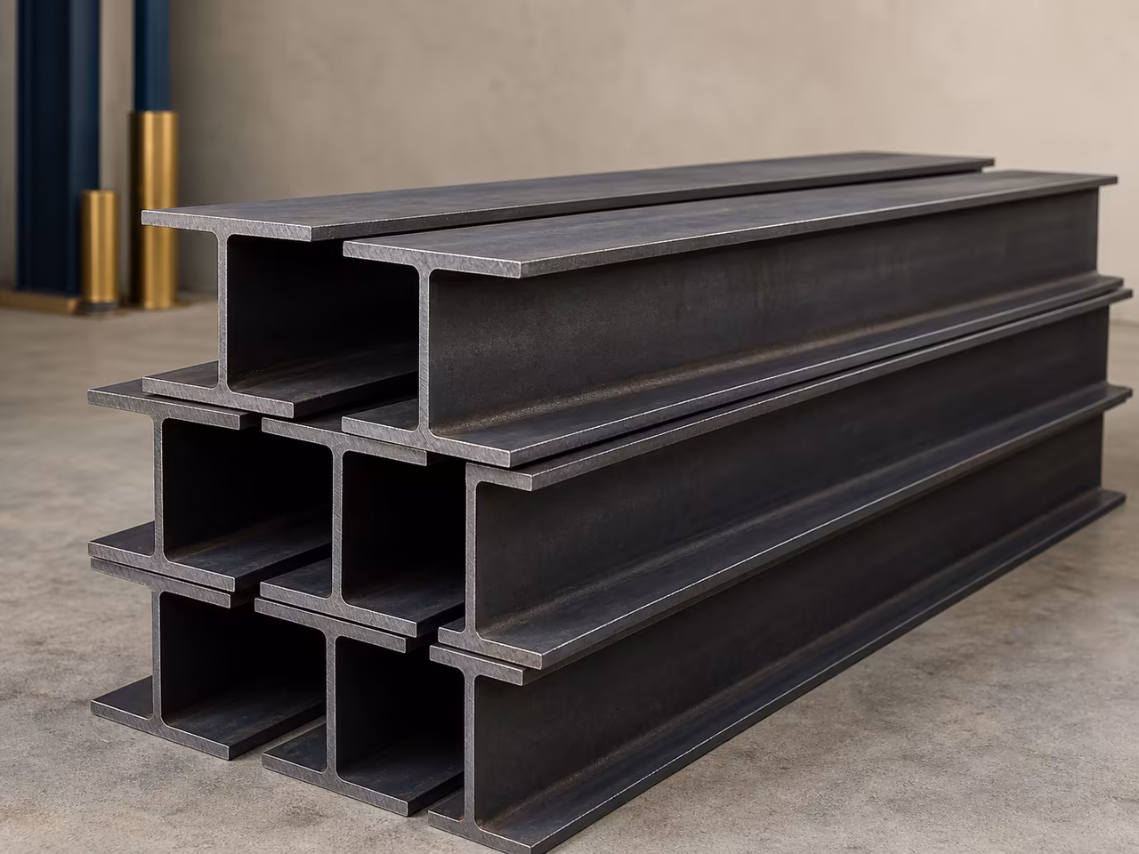 Heavy structural steel H-beams stacked with their broad flanges and web sections visible