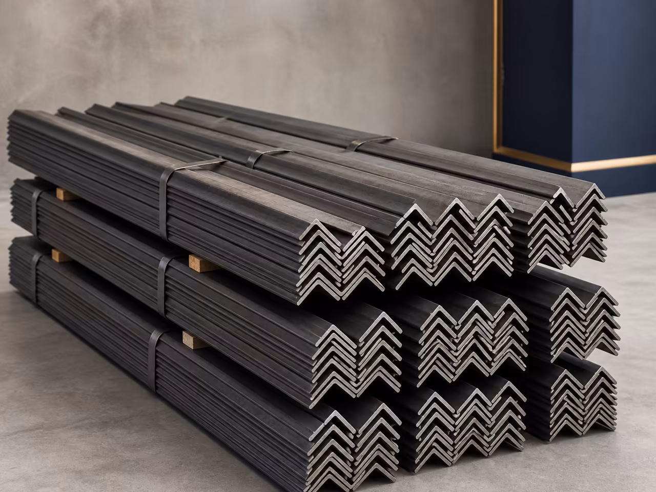 Bundles of mild steel L-angle sections with clean cut cross-sections visible