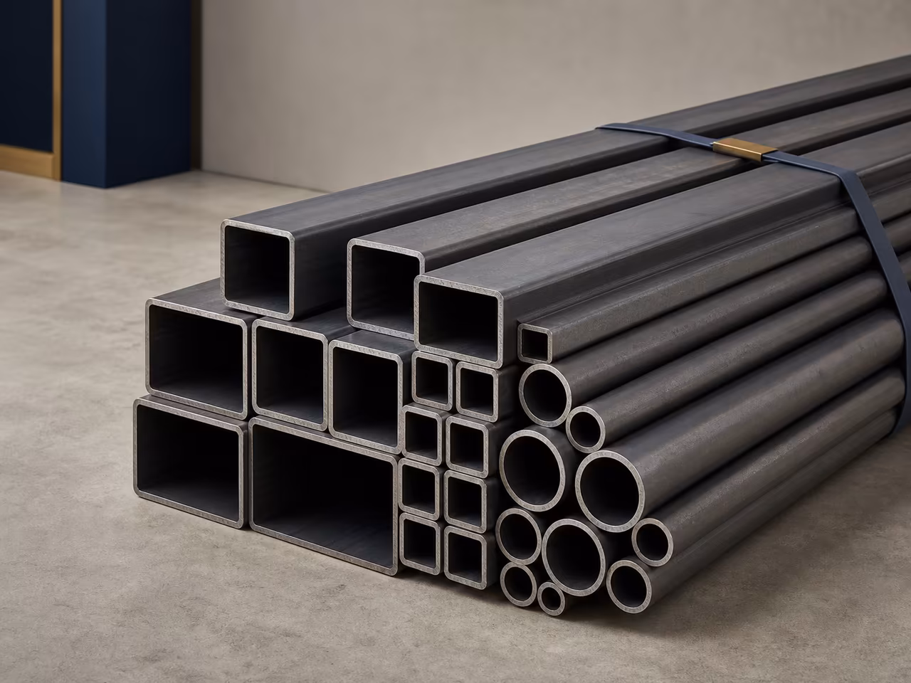 Square, rectangular, and round mild steel hollow tube profiles in assorted sizes