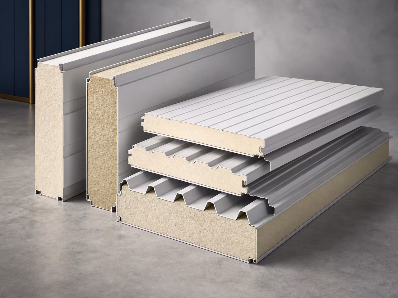 Insulated sandwich roof and wall panels with layered cross-sections visible