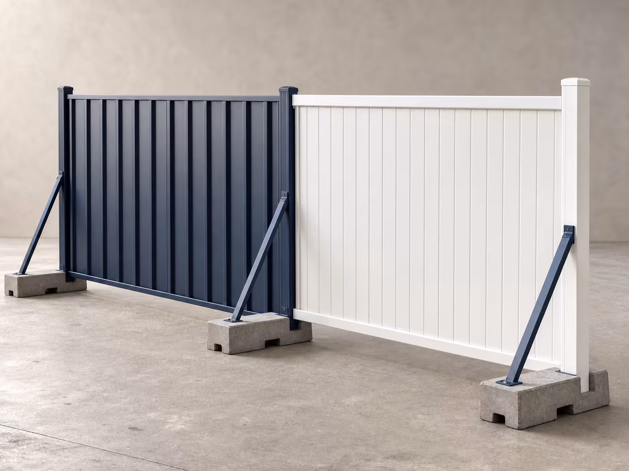 Freestanding powder-coated GI and white PVC temporary fence panels on concrete bases