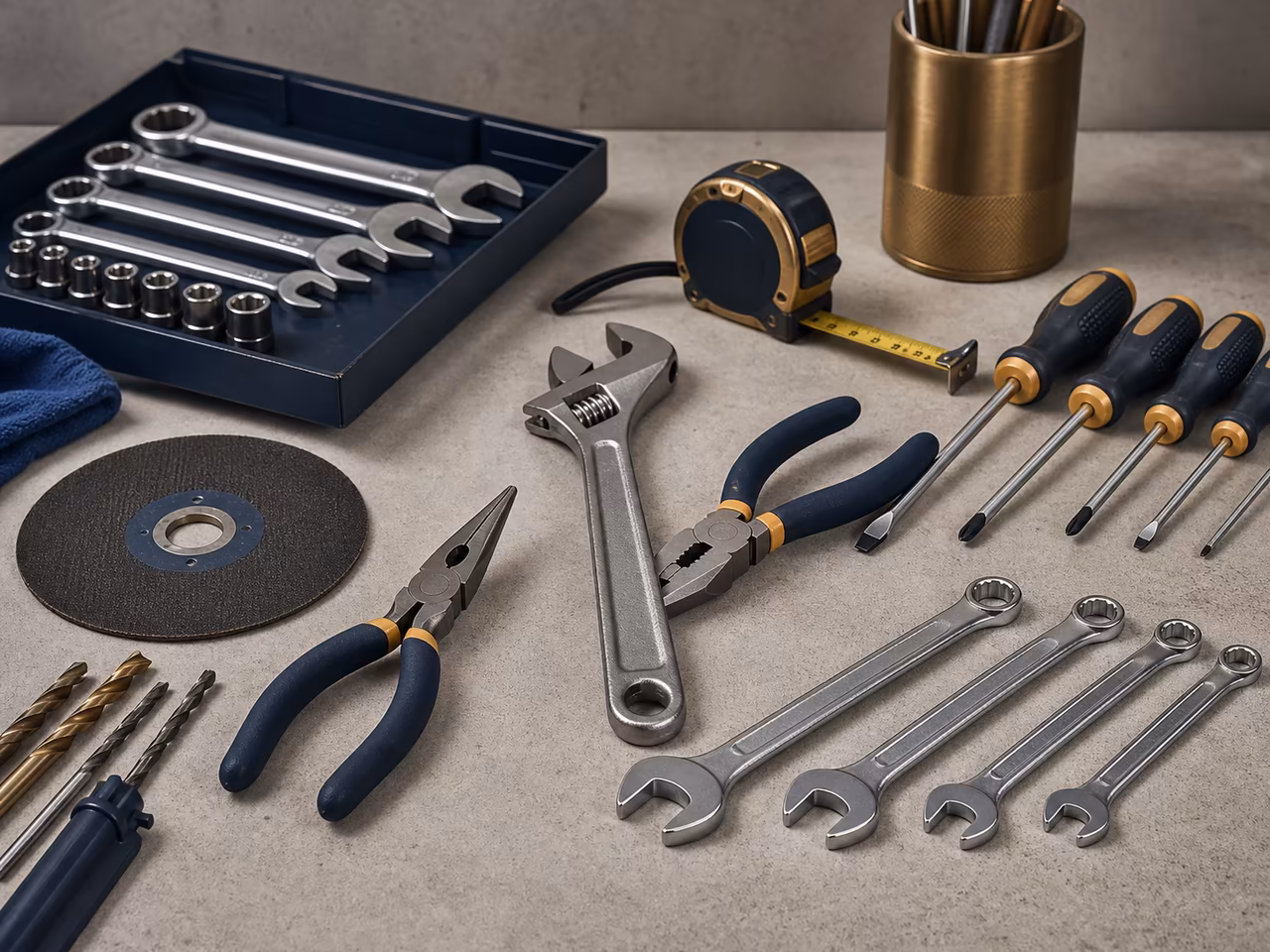 Professional hand tools, drill bits, measuring tools, and workshop hardware arranged neatly