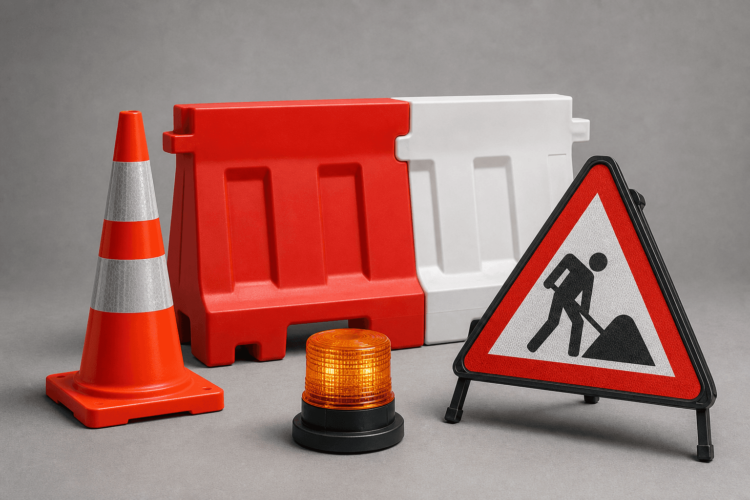 Traffic cone, road barriers, amber warning light, and roadworks warning sign