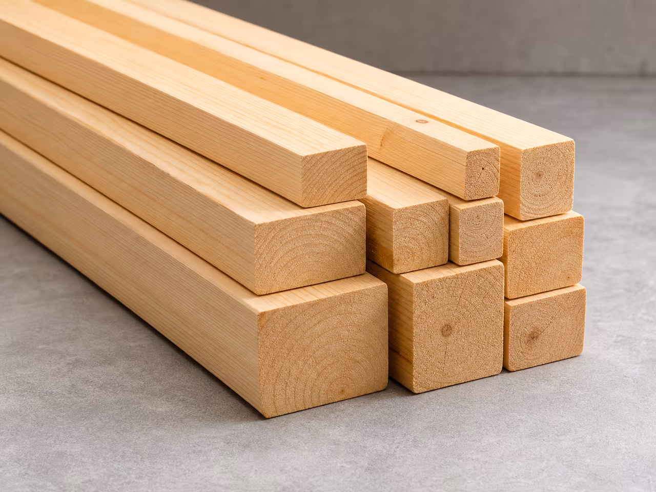Pale whitewood construction timber in assorted square sizes
