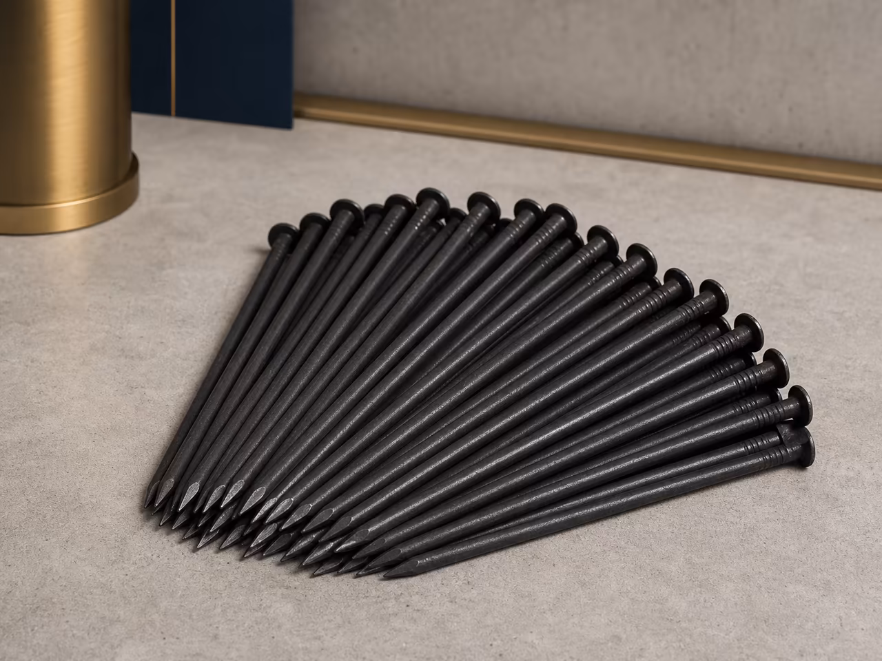 Fan-shaped pile of black steel construction wire nails